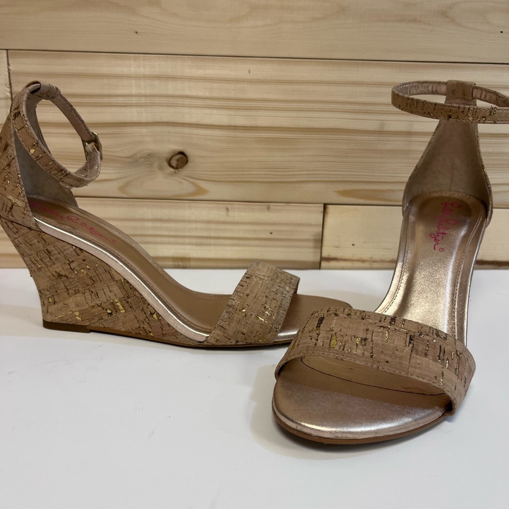Lilly Pulitzer Cork Wedges with Ankle Strap | Tan and Gold | Size 8.5